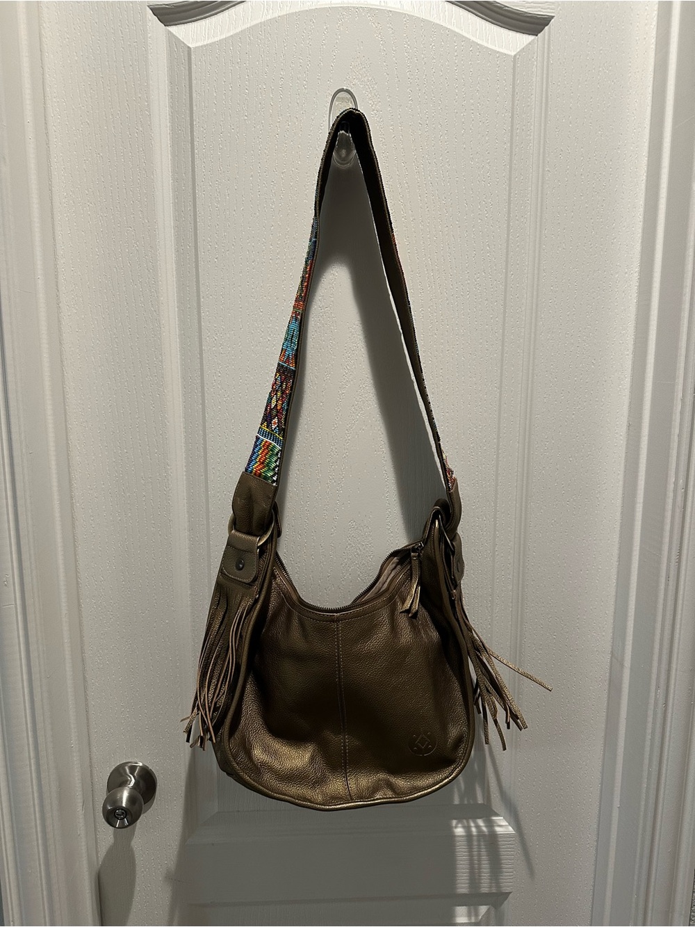 Brown Leather Hobo Bag with Embroidered Strap